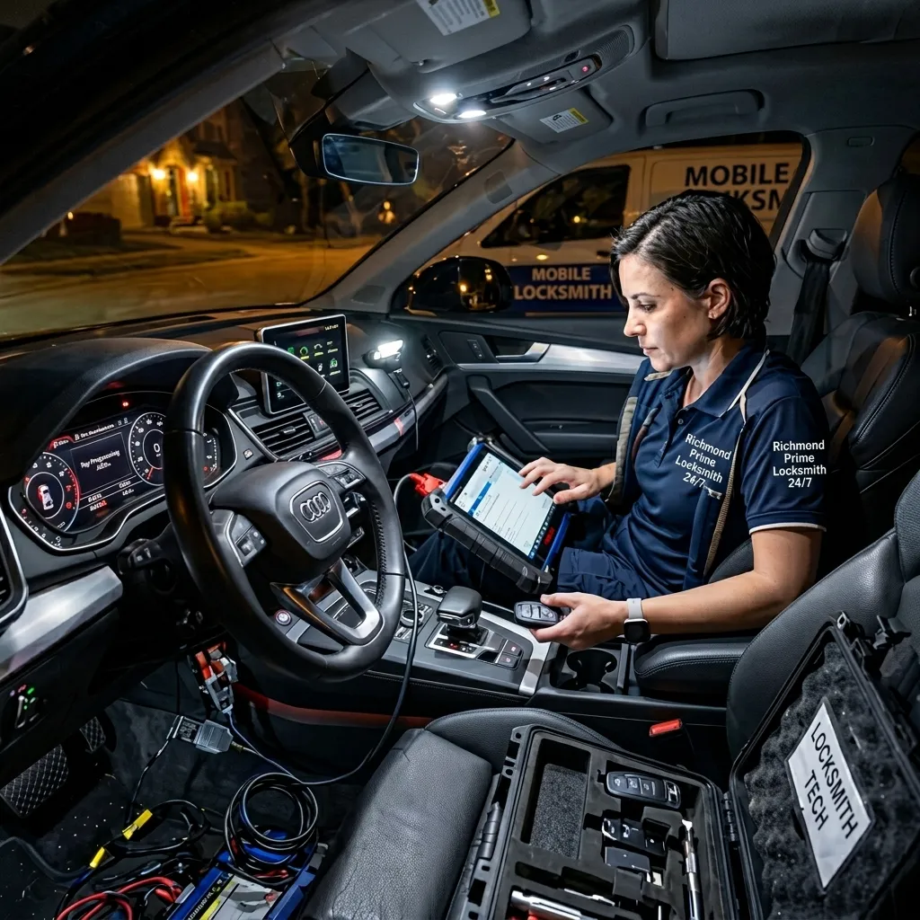 A locksmith programming a replacement car key fob inside vehicle dashboard with OBD scanner