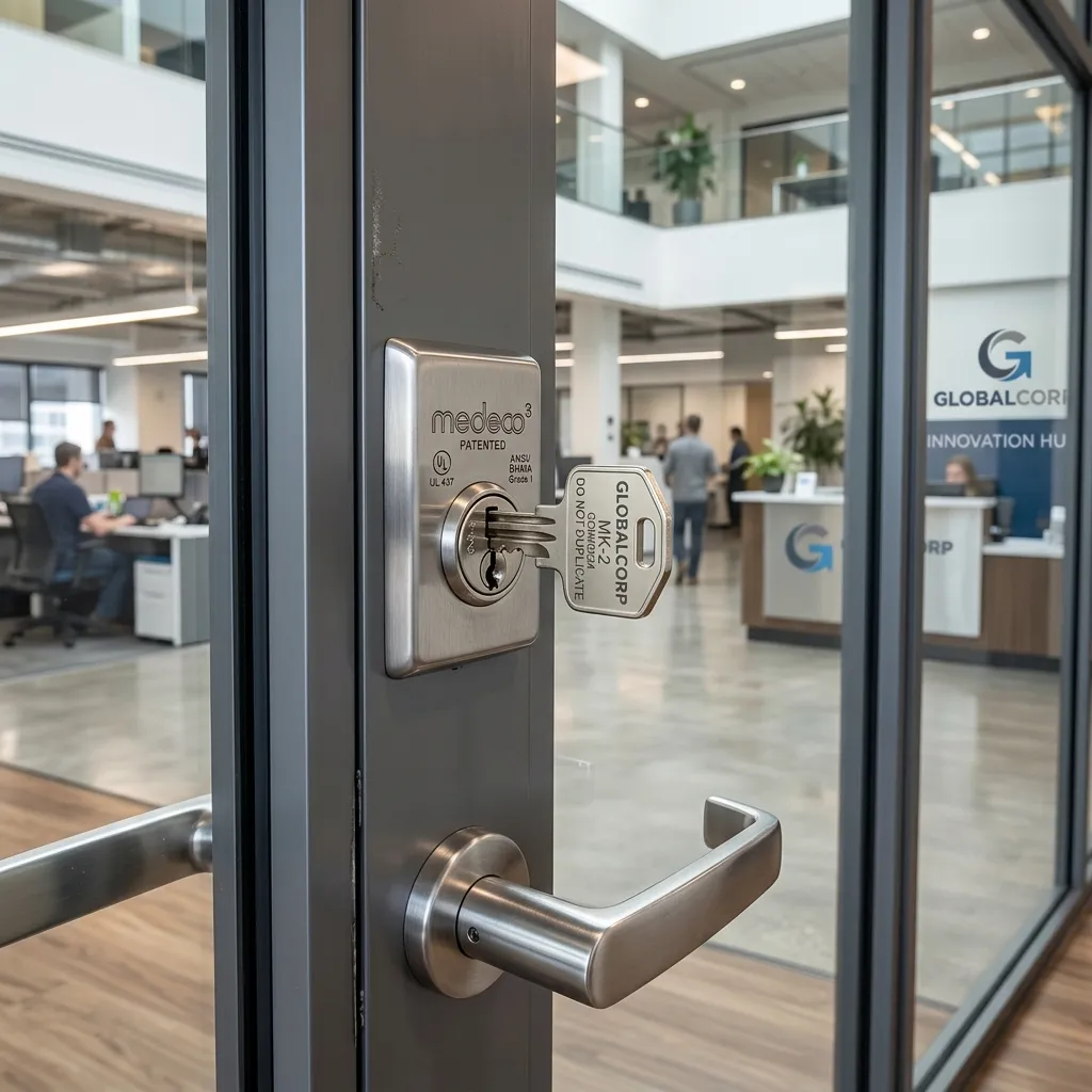A master key inside a commercial high-security restricted keyway office door lock