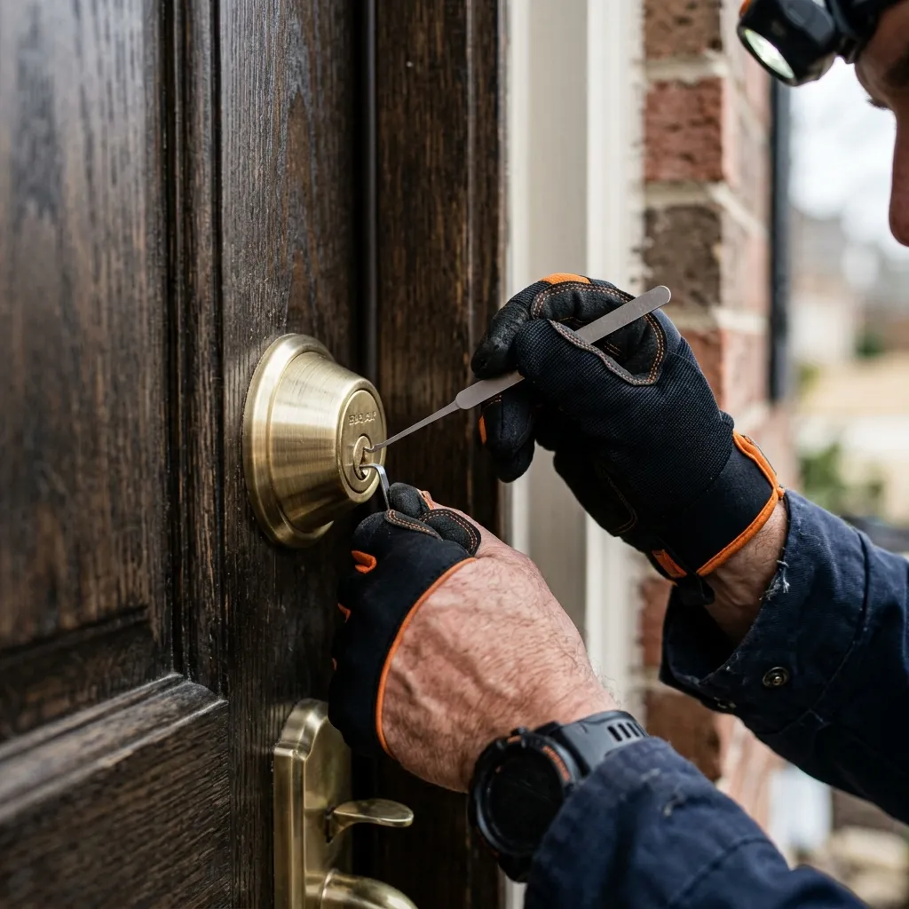 Close-up action shot of a professional locksmith's hands picking a lock on a dark wood door