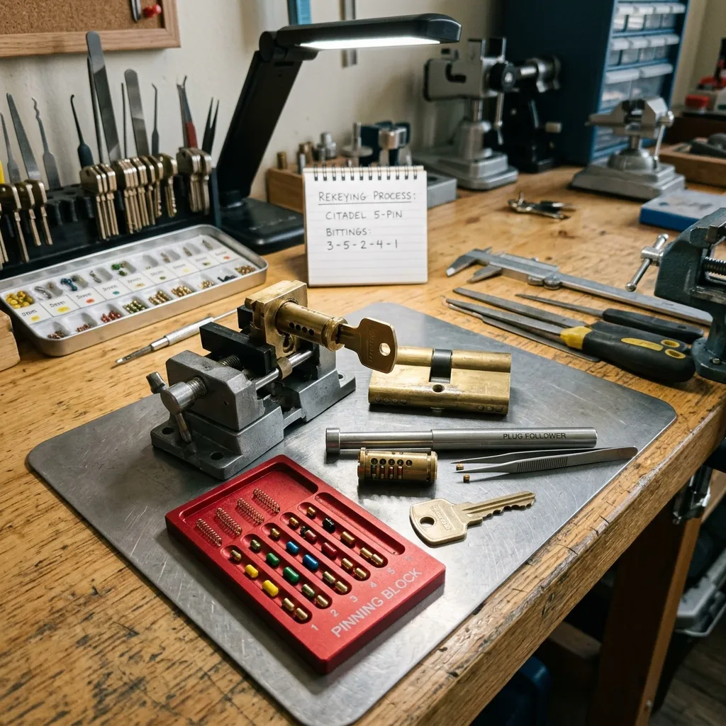 A locksmith workbench with a disassembled brass cylinder and tiny colored pins