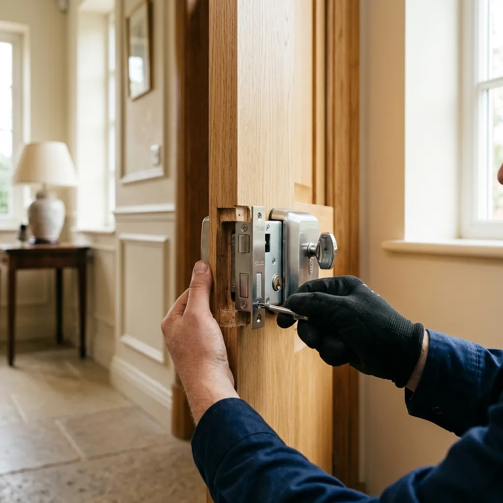 A new chrome deadlock lock being installed on a timber door by a locksmith