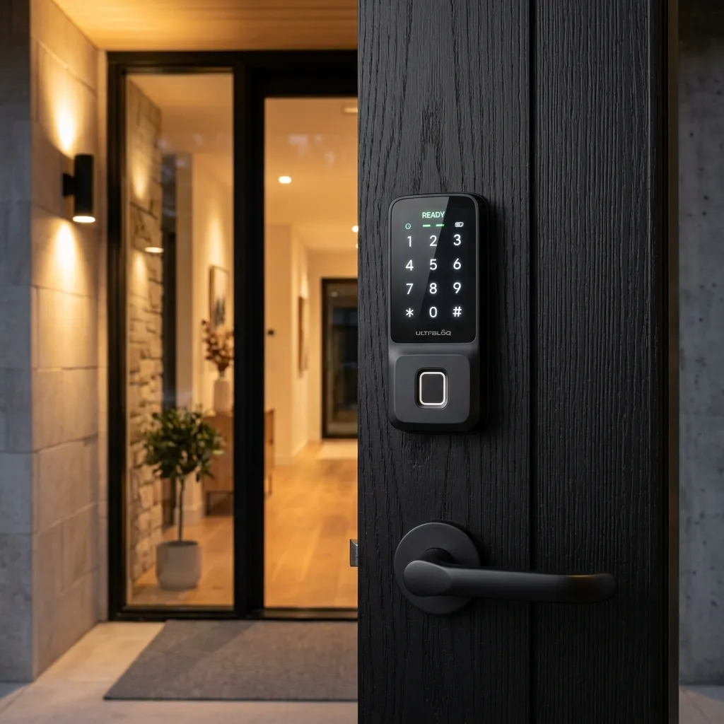 Sleek keyless digital smart lock with illuminated keypad and fingerprint scanner on a door
