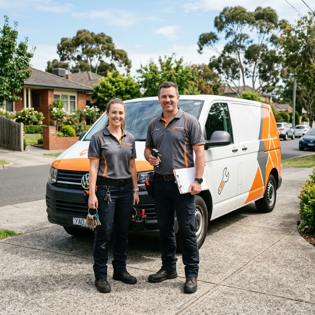 Professional diverse locksmith team smiling next to a clean mobile service van