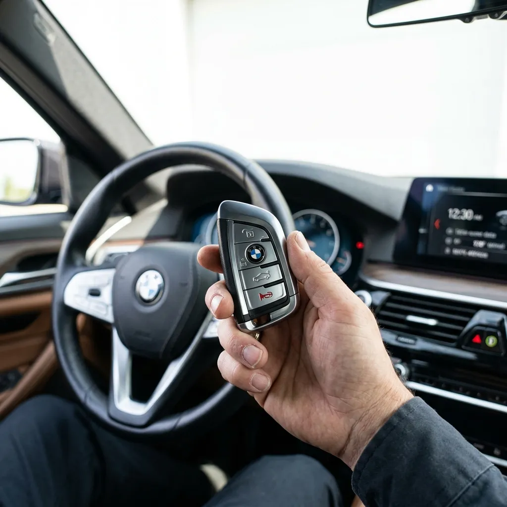 Locksmith programming a replacement car key transponder fob inside vehicle dashboard