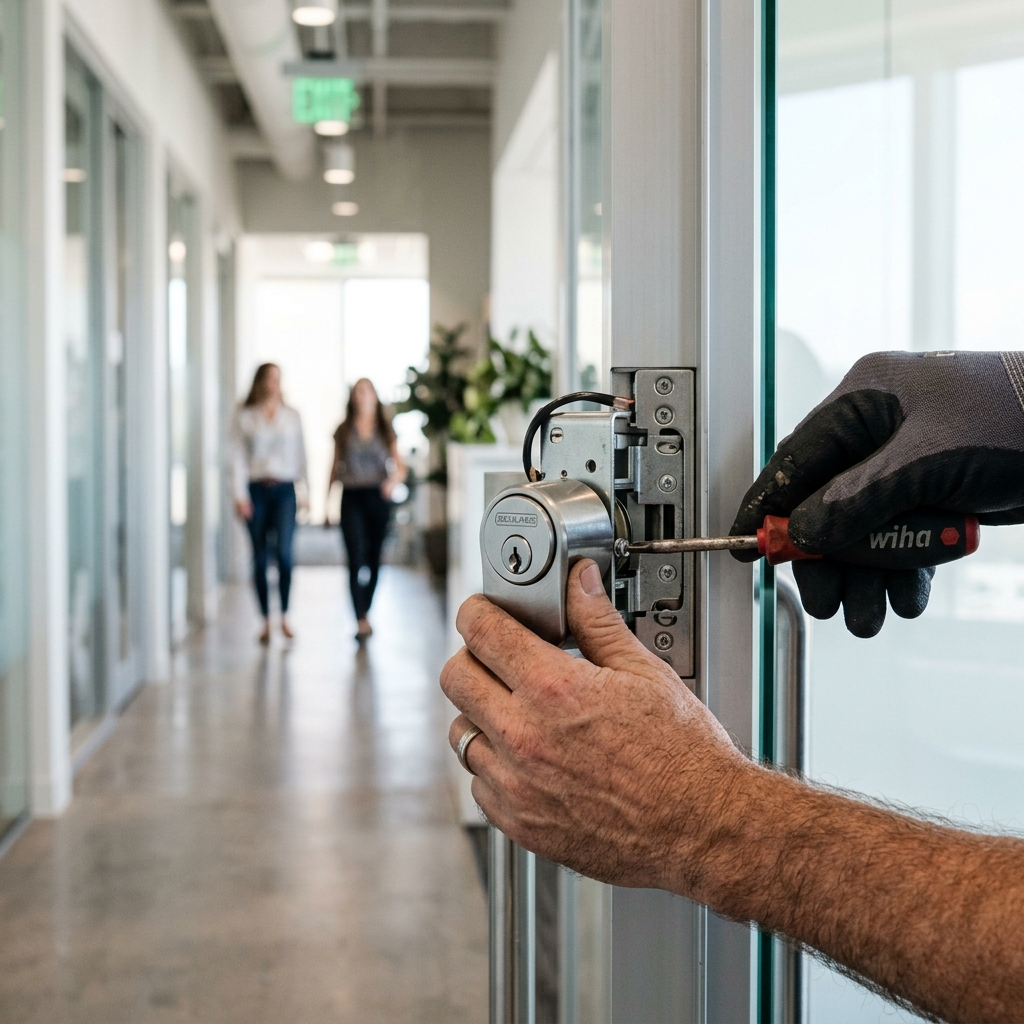 Lockmaster installing a commercial master key cylinder on an office glass entry door