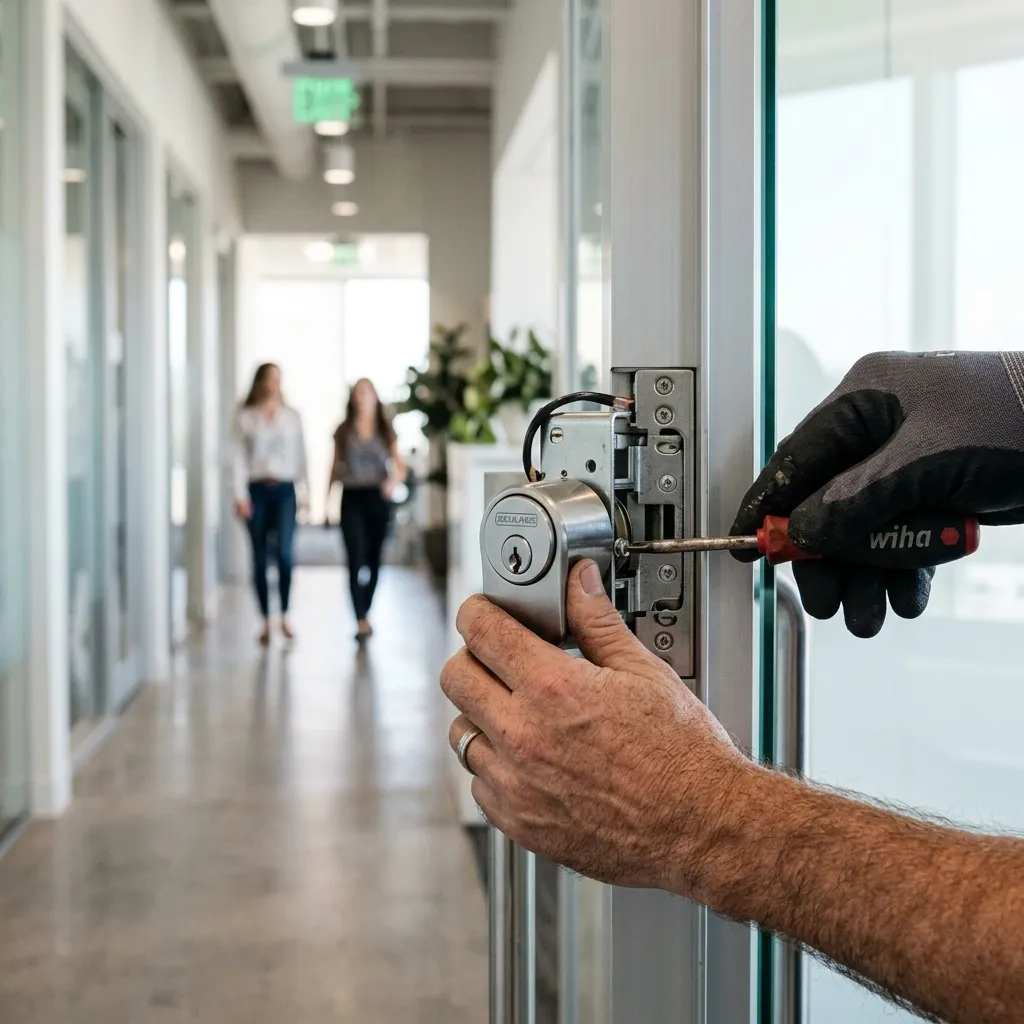 Lockmaster installing a commercial master key cylinder on an office glass entry door