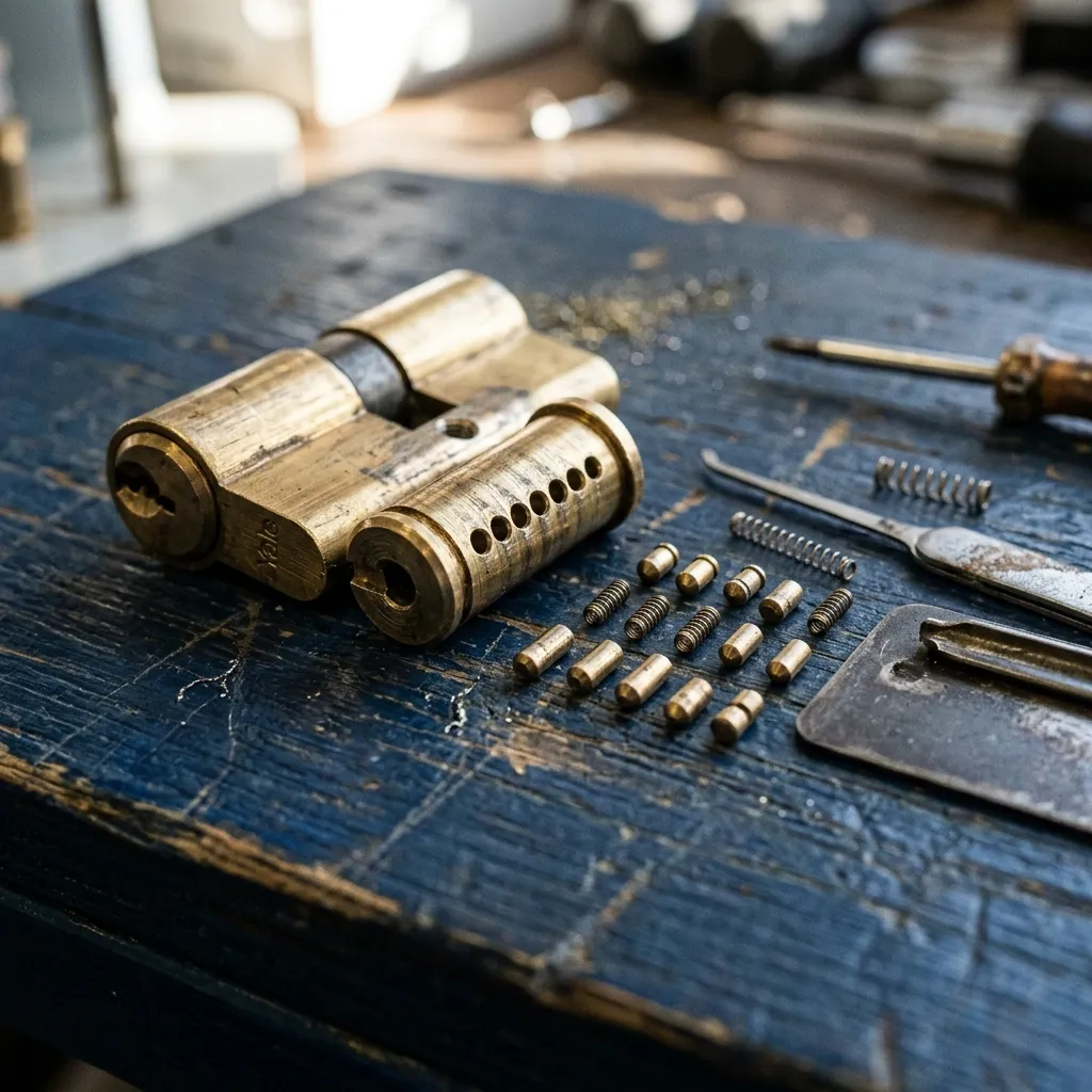 Macro close-up of a disassembled brass lock cylinder and tiny pins arranged on blue workbench