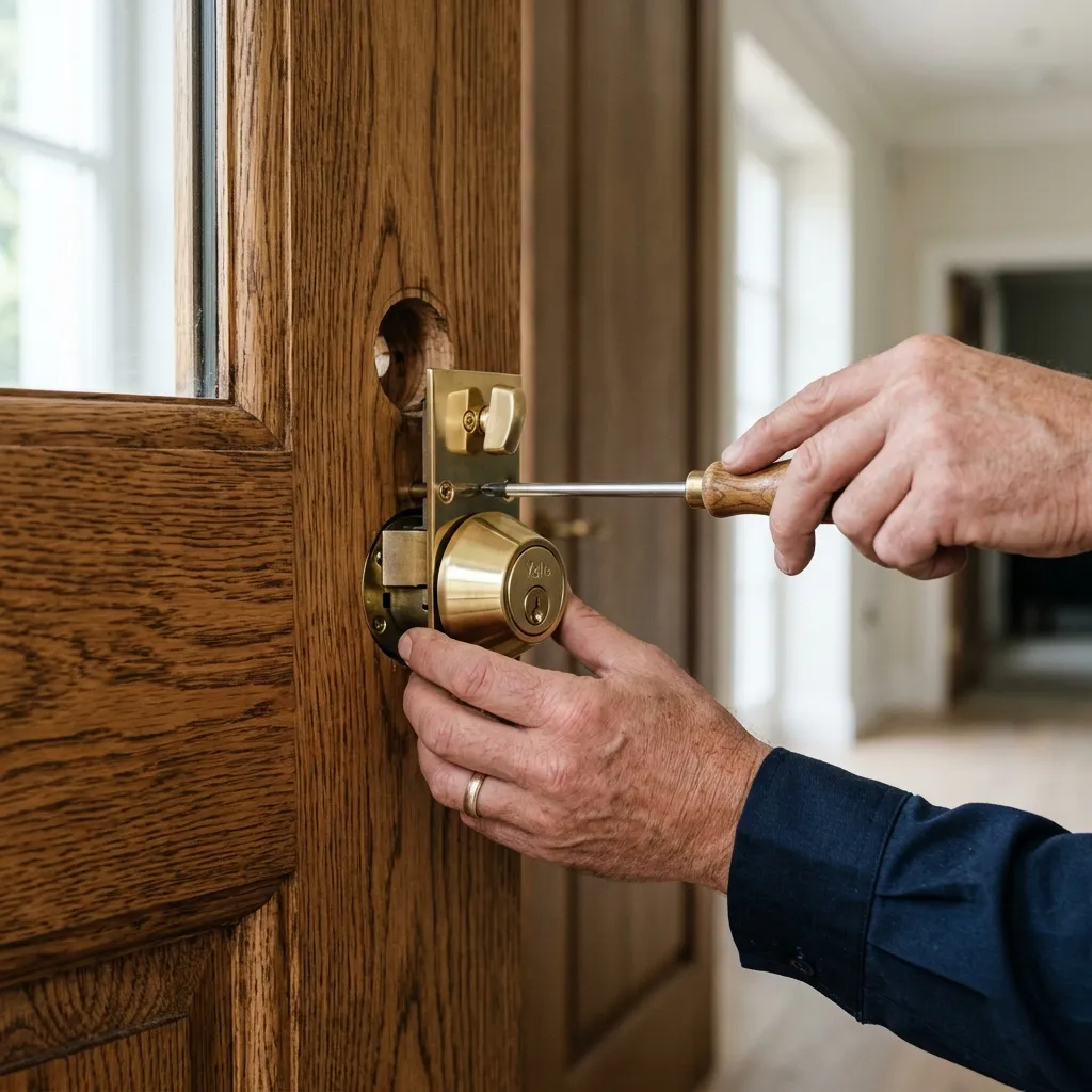 Installing a brand new high-security deadbolt lock on a solid timber front door