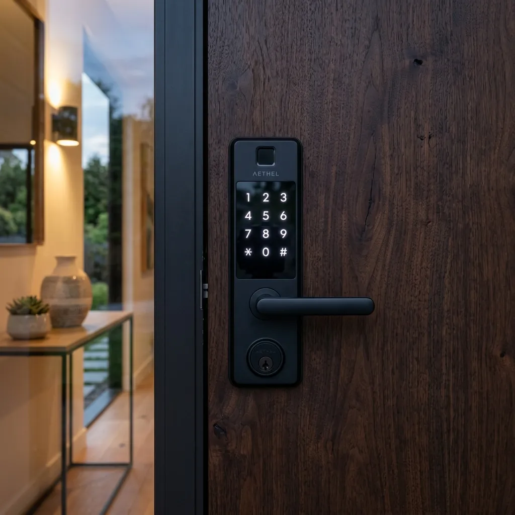 Sleek black digital smart door lock with touch keypad and fingerprint scanner fitted to modern wood door